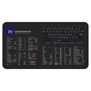 Premiere Pro Shortcuts Deskmat on editor’s workstation