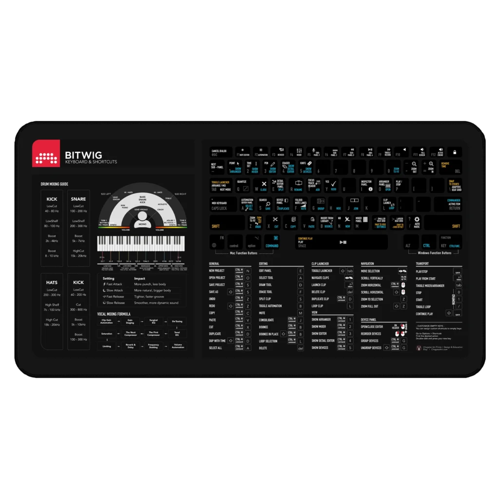 Bitwig Studio Shortcuts Deskmat in electronic music studio
